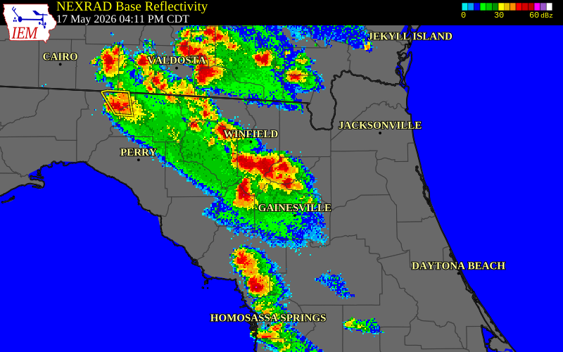 NEXRAD radar during the Sunday, May 17, 2026 storm activity in Union County, Florida
