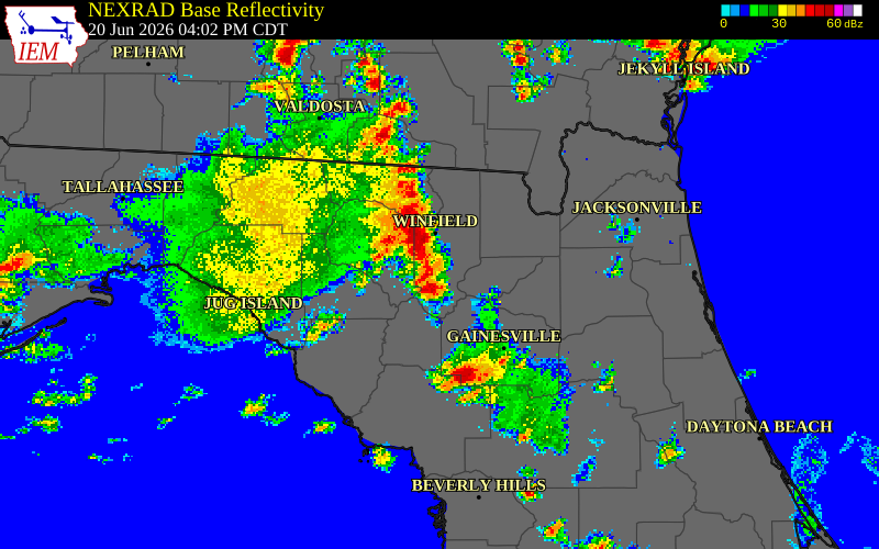 NEXRAD radar during the Saturday, June 20, 2026 storm activity in Union County, Florida