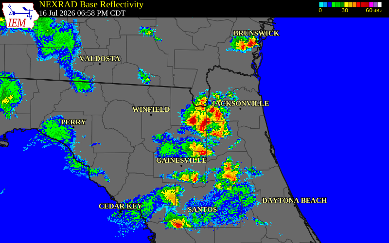 NEXRAD radar during the Thursday, July 16, 2026 storm activity in Union County, Florida