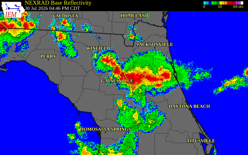 NEXRAD radar during the Thursday, July 30, 2026 storm activity in Union County, Florida