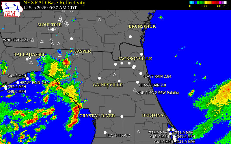 Current NEXRAD radar over Union County, Florida with recent storm report locations