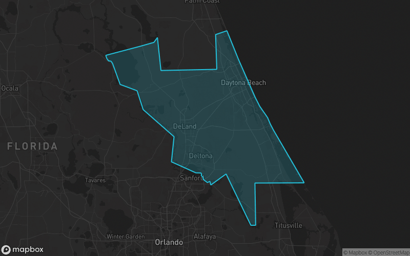 Map of Volusia County, Florida showing the county boundary and surrounding cities