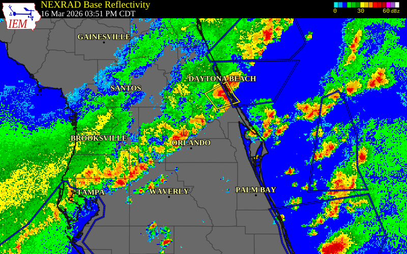 NEXRAD radar during the Monday, March 16, 2026 storm activity in Volusia County, Florida