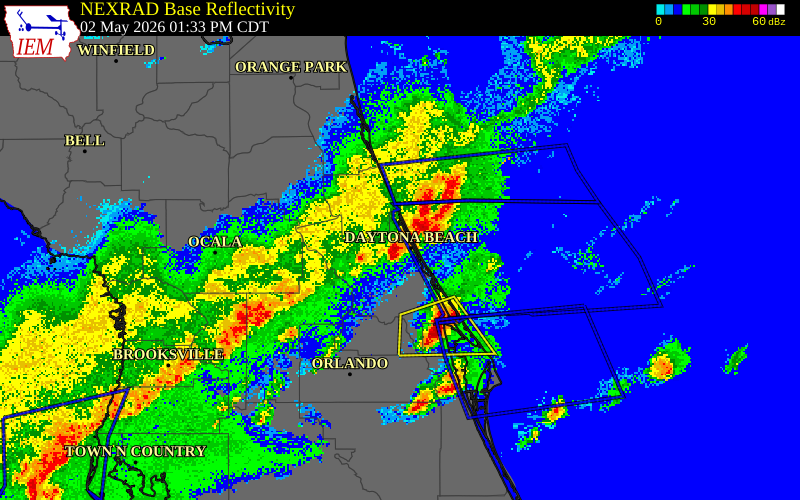 NEXRAD radar during the Saturday, May 2, 2026 storm activity in Volusia County, Florida
