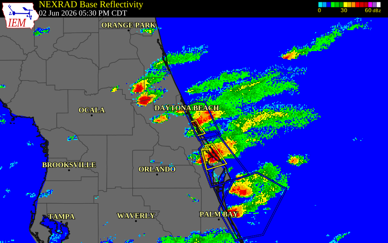 NEXRAD radar during the Tuesday, June 2, 2026 storm activity in Volusia County, Florida