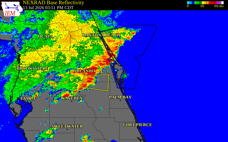 NEXRAD radar during the Monday, July 13, 2026 storm activity in Volusia County, Florida
