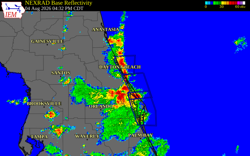NEXRAD radar during the Tuesday, August 4, 2026 storm activity in Volusia County, Florida