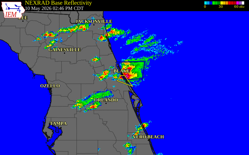 Radar snapshot during the May 10, 2026 hail event near 2 SSE Wilbur By the Sea, Volusia County, Florida, with NWS warning polygons