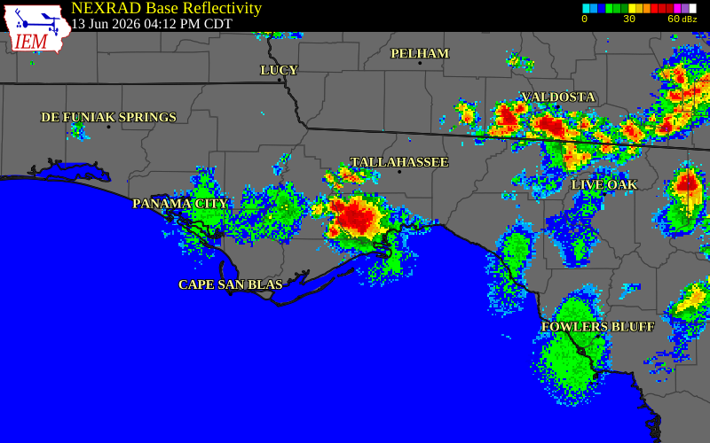 NEXRAD radar during the Saturday, June 13, 2026 storm activity in Wakulla County, Florida