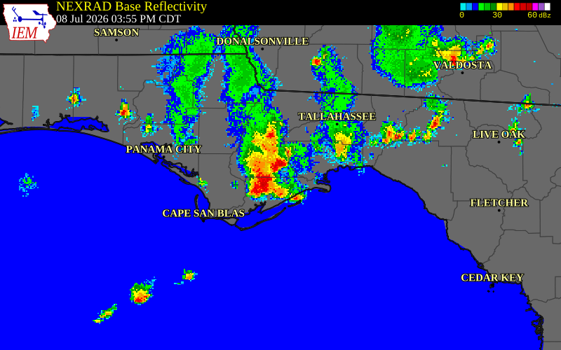 NEXRAD radar during the Wednesday, July 8, 2026 storm activity in Wakulla County, Florida