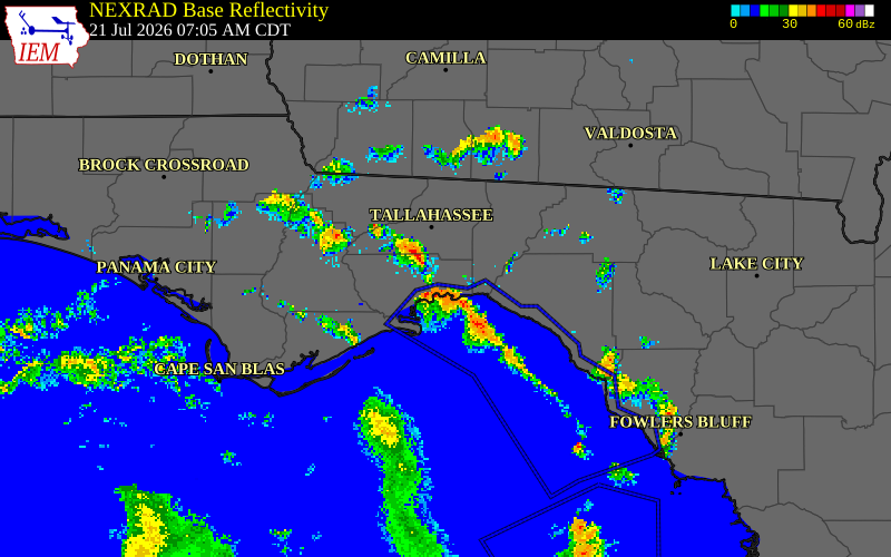 NEXRAD radar during the Tuesday, July 21, 2026 storm activity in Wakulla County, Florida