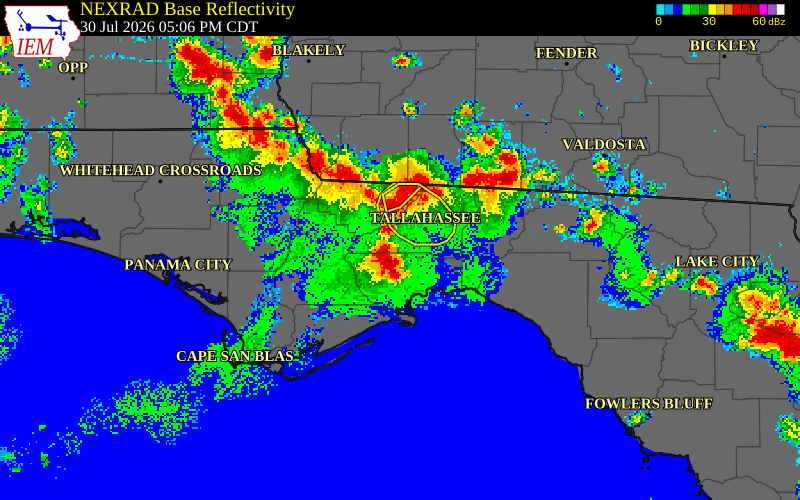 NEXRAD radar during the Thursday, July 30, 2026 storm activity in Wakulla County, Florida