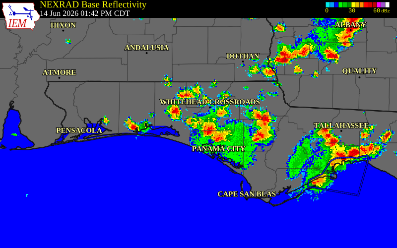 NEXRAD radar during the Sunday, June 14, 2026 storm activity in Walton County, Florida