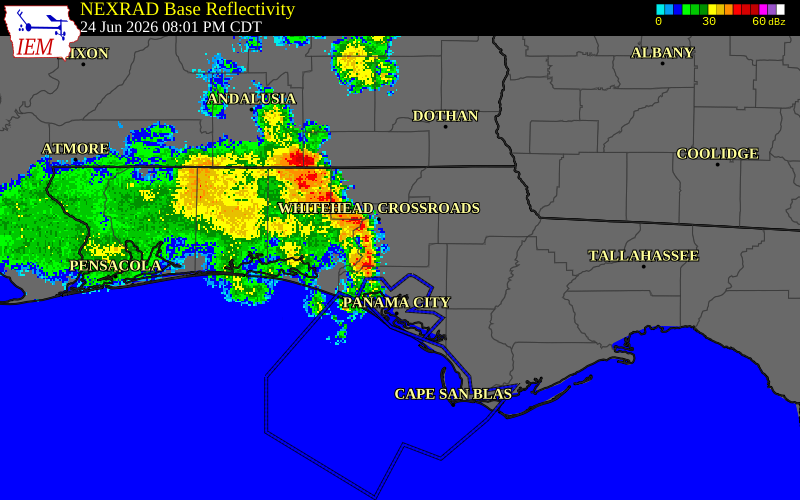 NEXRAD radar during the Wednesday, June 24, 2026 storm activity in Walton County, Florida