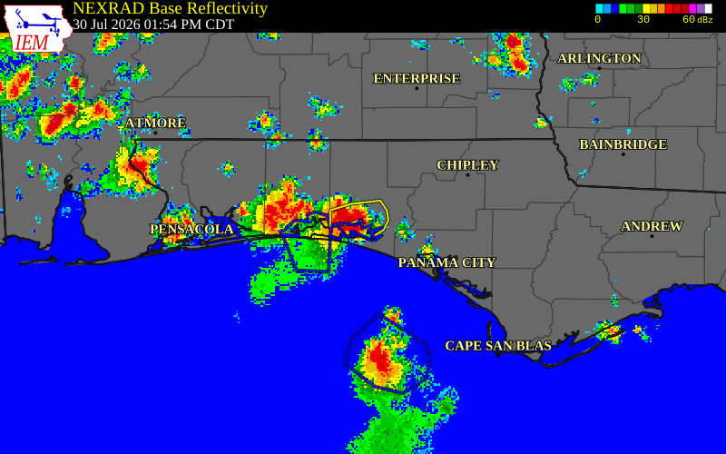 NEXRAD radar during the Thursday, July 30, 2026 storm activity in Walton County, Florida