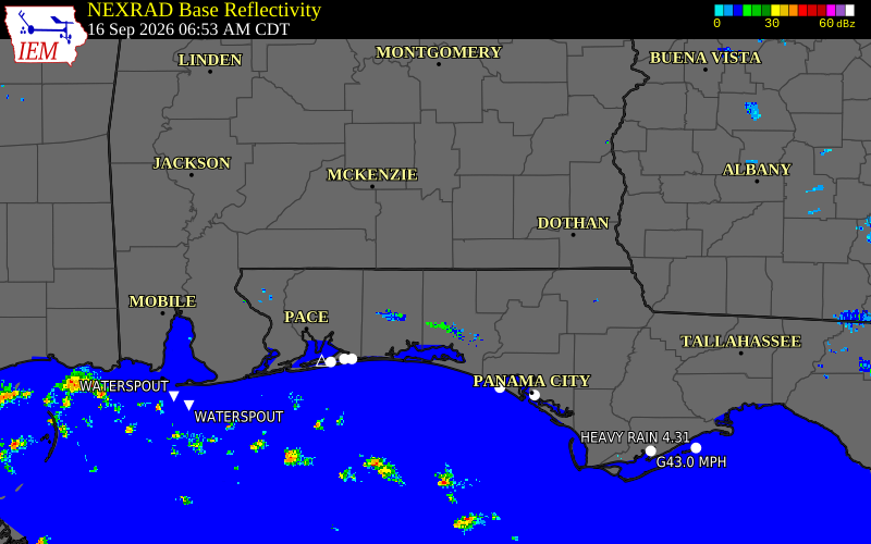 Current NEXRAD radar over Walton County, Florida with recent storm report locations