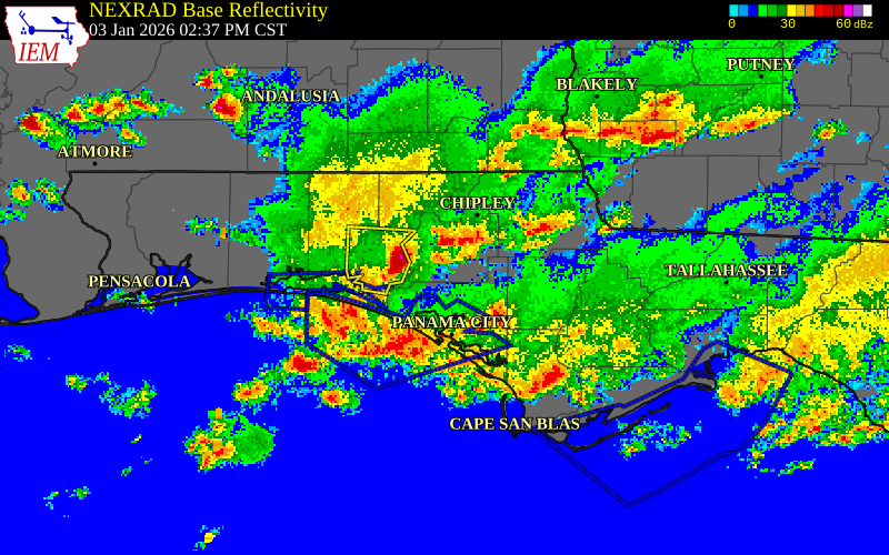 NEXRAD radar during the Saturday, January 3, 2026 storm activity in Washington County, Florida