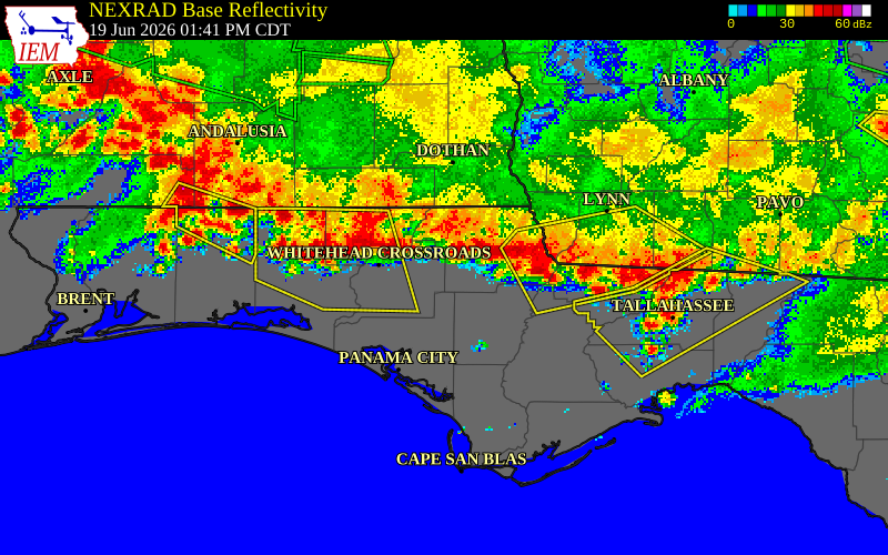 NEXRAD radar during the Friday, June 19, 2026 storm activity in Washington County, Florida
