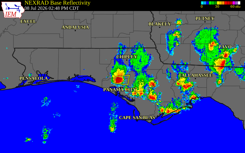 NEXRAD radar during the Wednesday, July 8, 2026 storm activity in Washington County, Florida