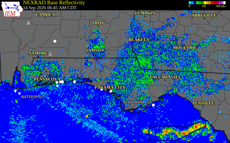 Current NEXRAD radar over Washington County, Florida with recent storm report locations