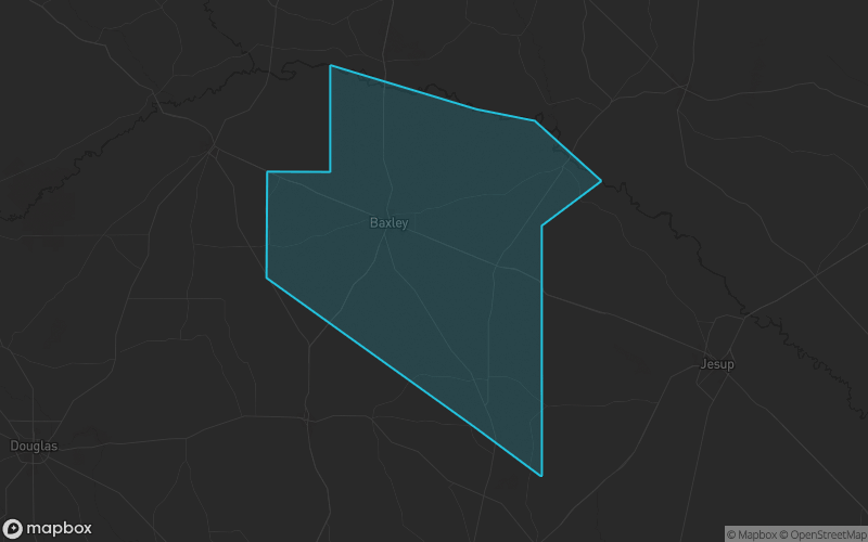 Map of Appling County, Georgia showing the county boundary and surrounding cities