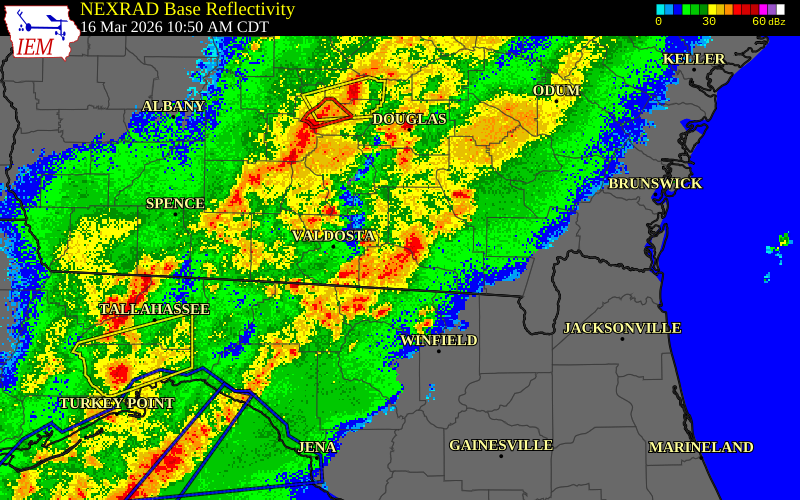 NEXRAD radar during the Monday, March 16, 2026 storm activity in Appling County, Georgia