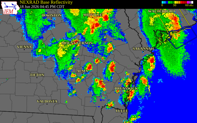 NEXRAD radar during the Thursday, June 18, 2026 storm activity in Appling County, Georgia