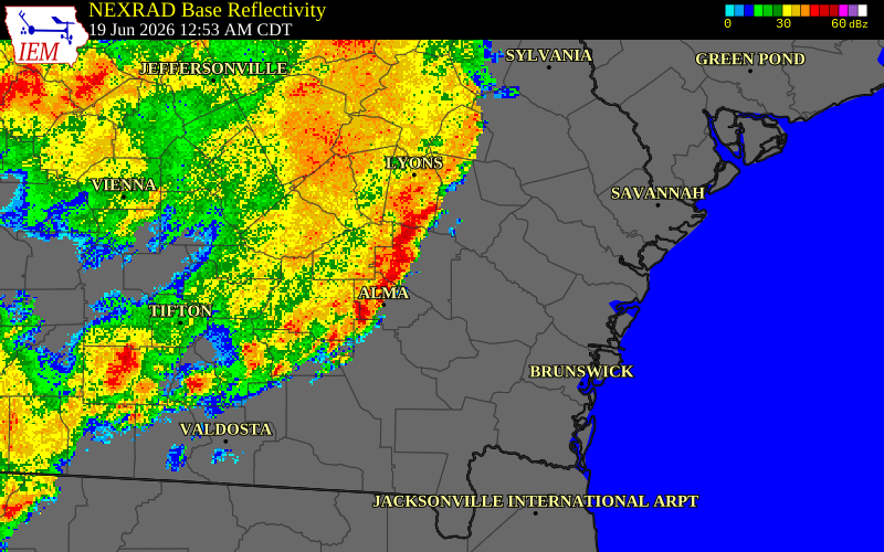 NEXRAD radar during the Friday, June 19, 2026 storm activity in Appling County, Georgia