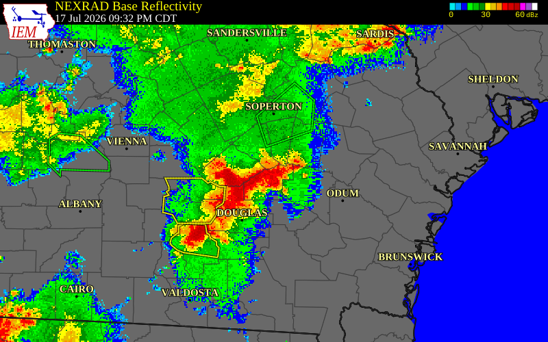 NEXRAD radar during the Friday, July 17, 2026 storm activity in Appling County, Georgia