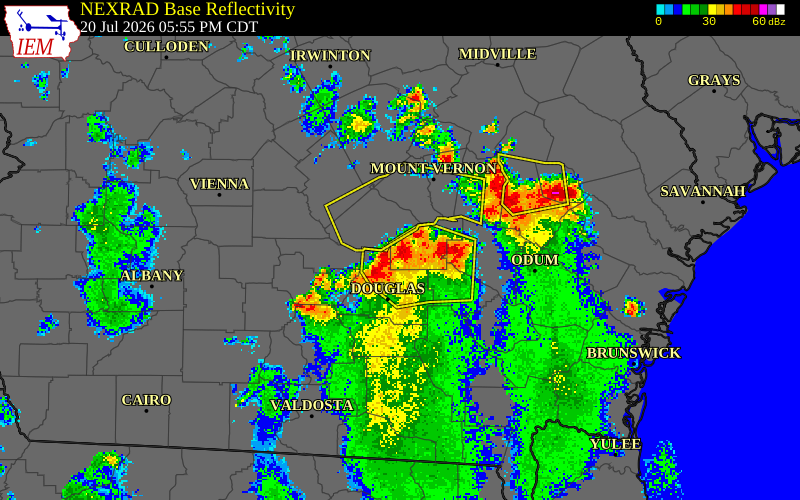 NEXRAD radar during the Monday, July 20, 2026 storm activity in Appling County, Georgia