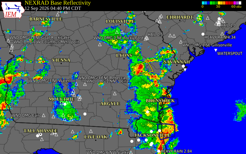 Current NEXRAD radar over Appling County, Georgia with recent storm report locations