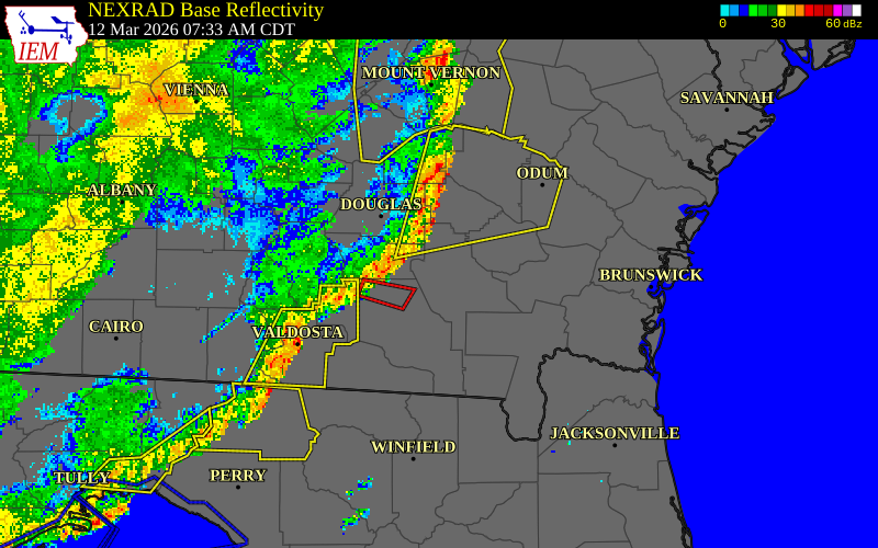 NEXRAD radar during the Thursday, March 12, 2026 storm activity in Atkinson County, Georgia