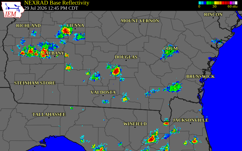 NEXRAD radar during the Wednesday, July 29, 2026 storm activity in Atkinson County, Georgia