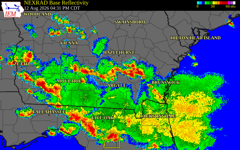 Radar snapshot during the Aug 12, 2026 wind event near Atkinson County, Atkinson County, Georgia, with NWS warning polygons