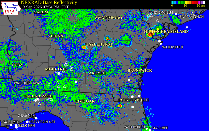 Current NEXRAD radar over Atkinson County, Georgia with recent storm report locations