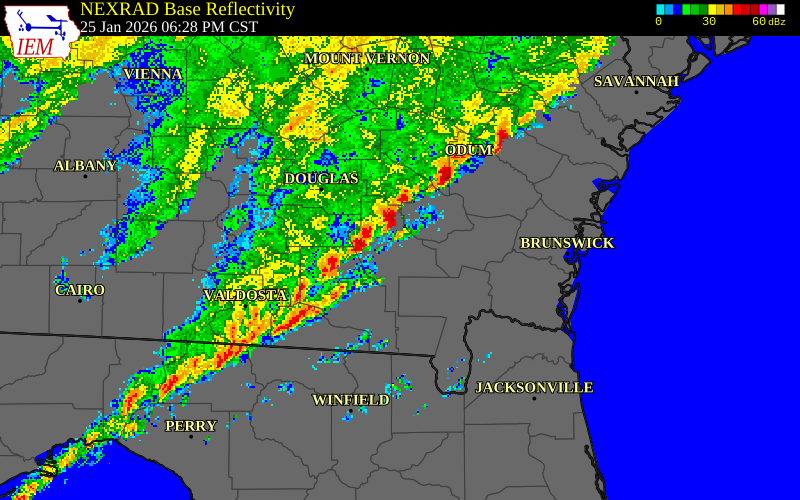NEXRAD radar during the Sunday, January 25, 2026 storm activity in Bacon County, Georgia