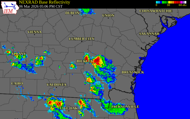 NEXRAD radar during the Friday, March 6, 2026 storm activity in Bacon County, Georgia