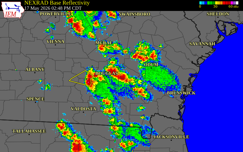 NEXRAD radar during the Sunday, May 17, 2026 storm activity in Bacon County, Georgia