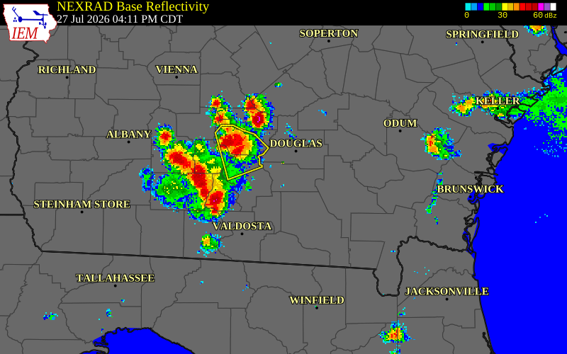 NEXRAD radar during the Monday, July 27, 2026 storm activity in Bacon County, Georgia
