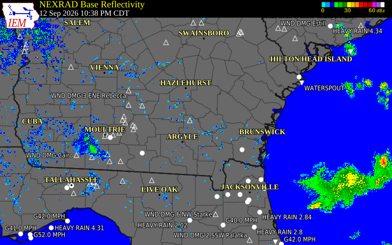 Current NEXRAD radar over Bacon County, Georgia with recent storm report locations