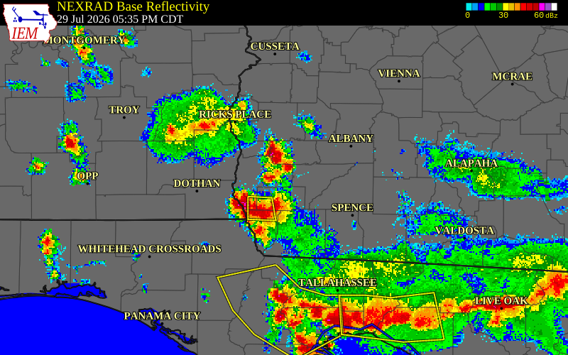 NEXRAD radar during the Wednesday, July 29, 2026 storm activity in Baker County, Georgia
