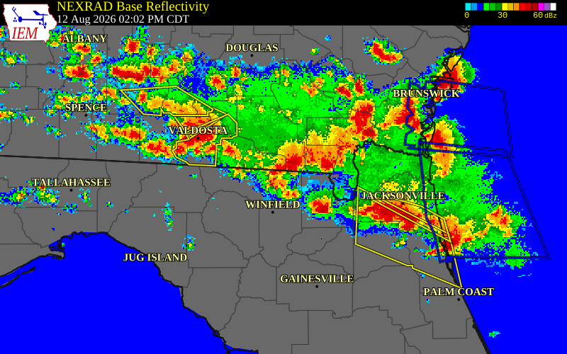 NEXRAD radar during the Wednesday, August 12, 2026 storm activity in Baker County, Georgia