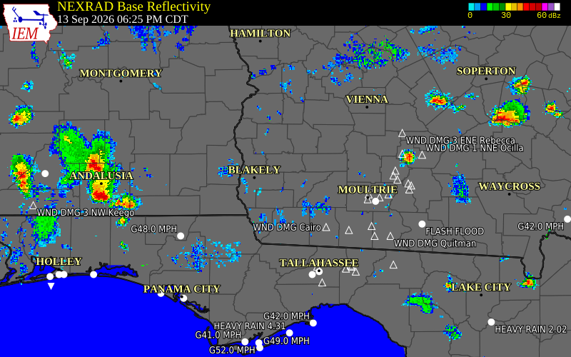 Current NEXRAD radar over Baker County, Georgia with recent storm report locations