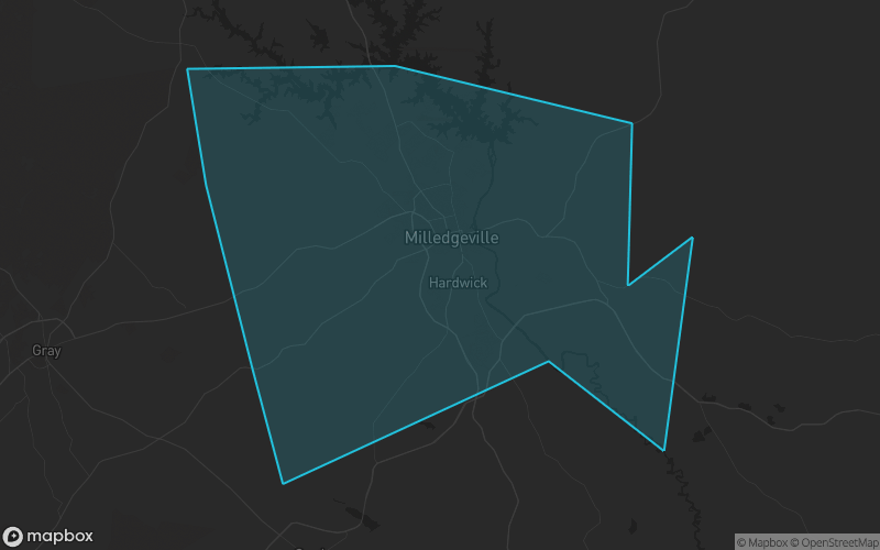 Map of Baldwin County, Georgia showing the county boundary and surrounding cities