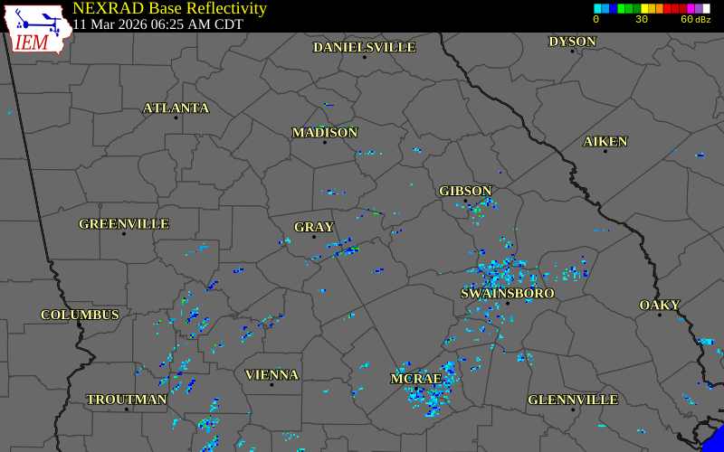 NEXRAD radar during the Wednesday, March 11, 2026 storm activity in Baldwin County, Georgia