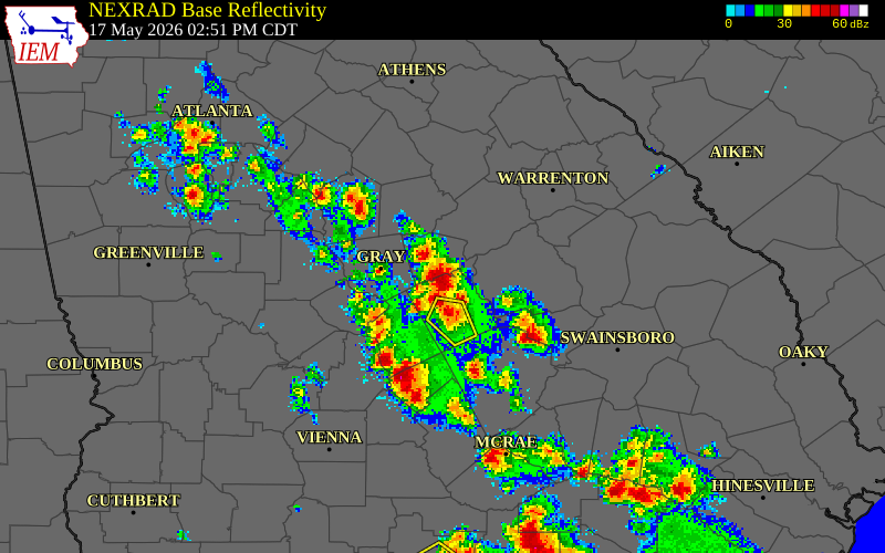 NEXRAD radar during the Sunday, May 17, 2026 storm activity in Baldwin County, Georgia