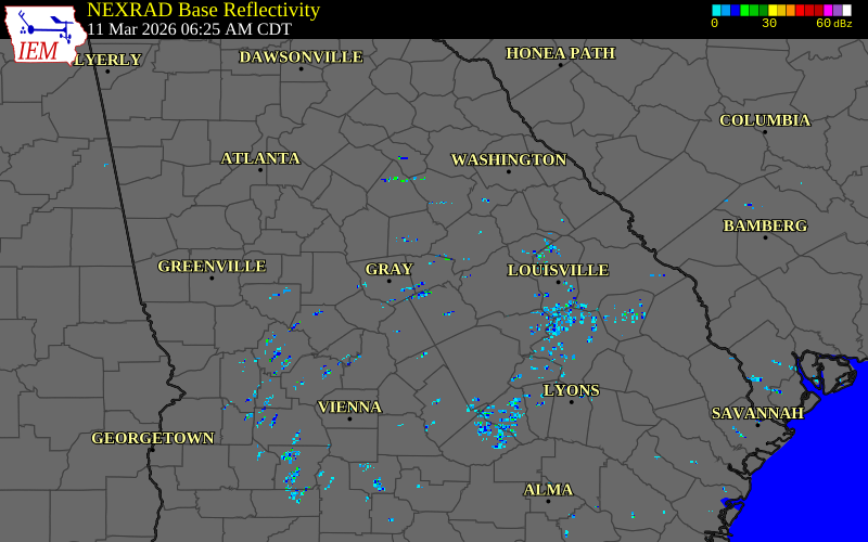Radar snapshot during the Mar 11, 2026 tornado event near 1 W Milledgeville, Baldwin County, Georgia, with NWS warning polygons
