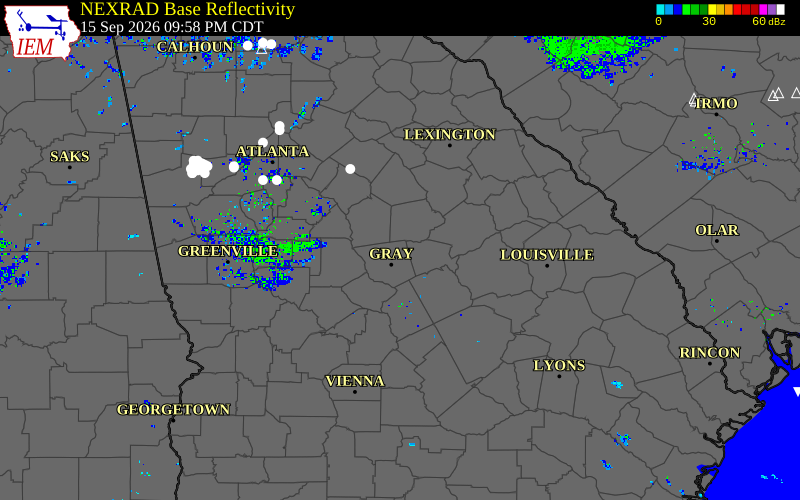 Current NEXRAD radar over Baldwin County, Georgia with recent storm report locations