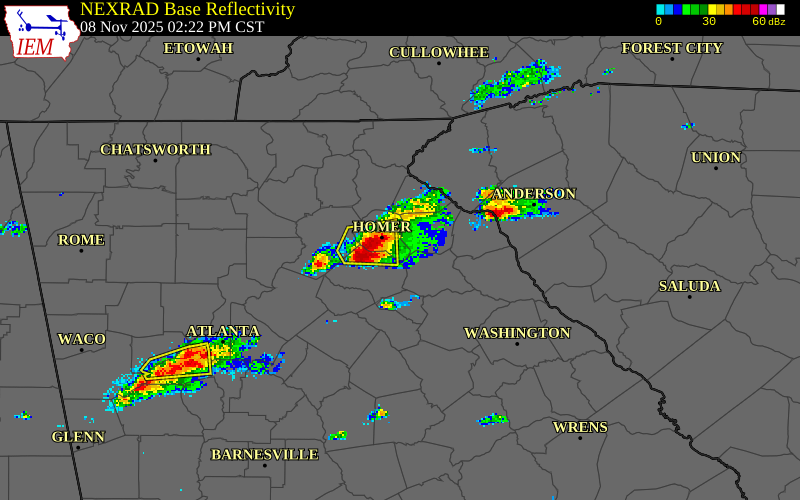 NEXRAD radar during the Saturday, November 8, 2025 storm activity in Banks County, Georgia