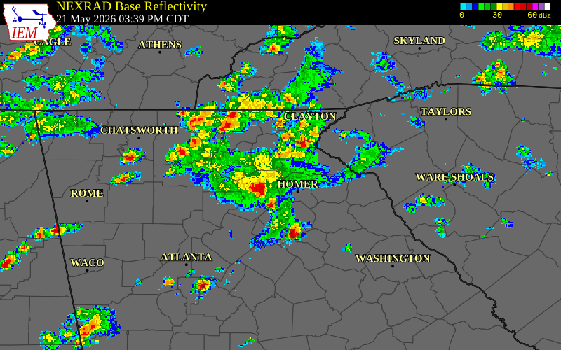 NEXRAD radar during the Thursday, May 21, 2026 storm activity in Banks County, Georgia
